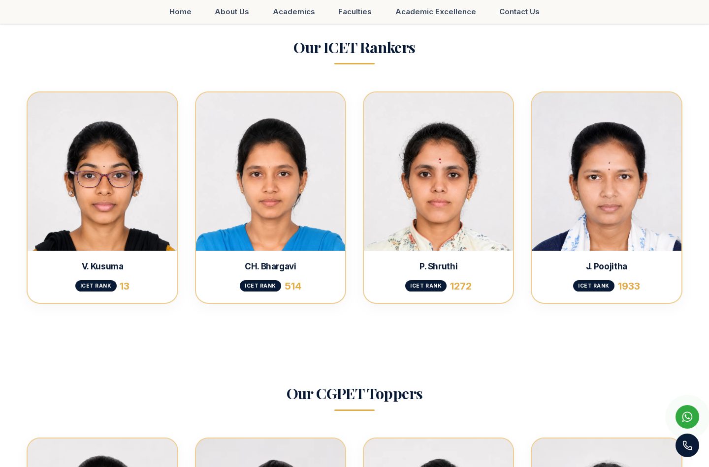 Academic Excellence page showing ICET rankers on the live website