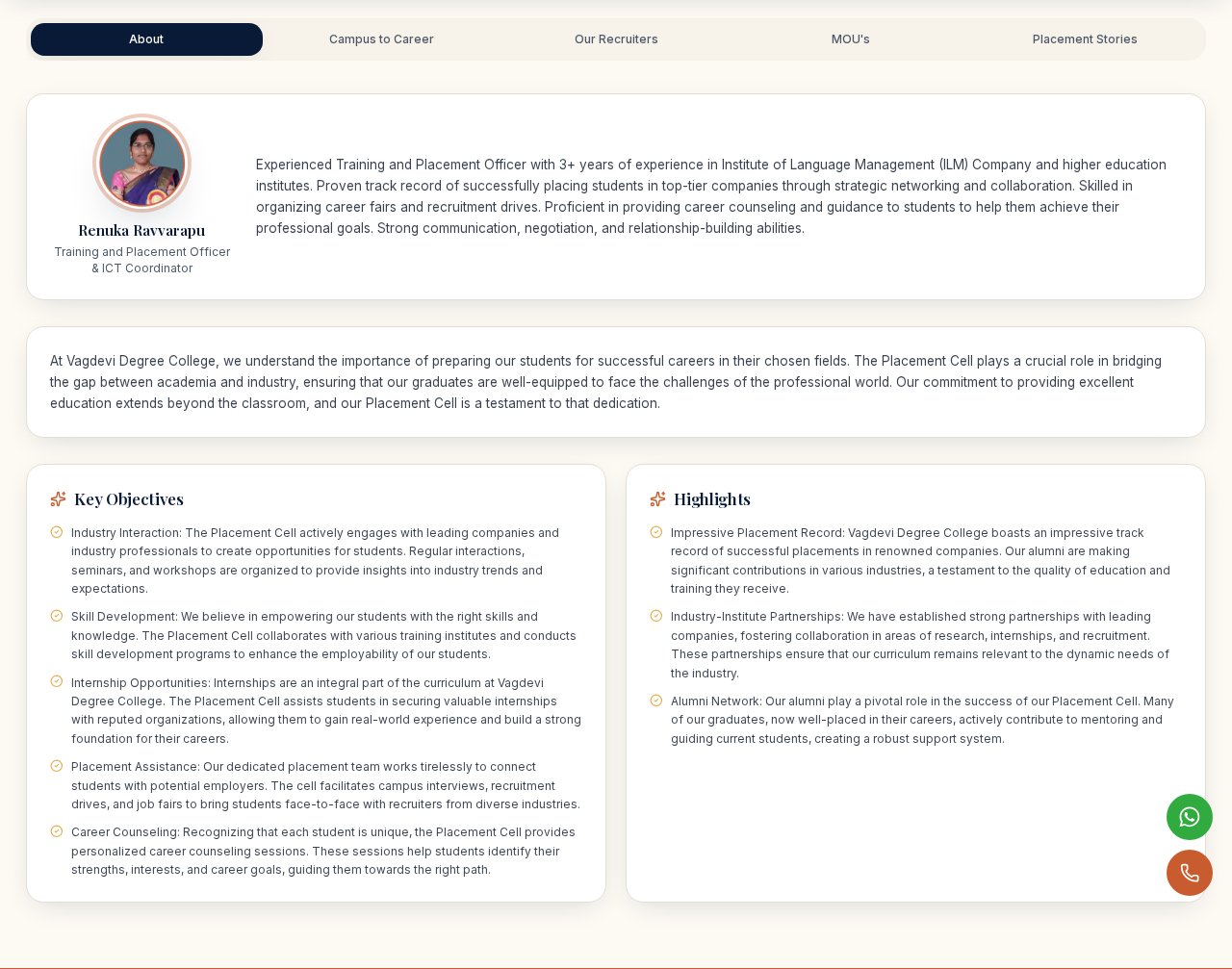 Placement Cell page with the training officer and placement stories on the live website