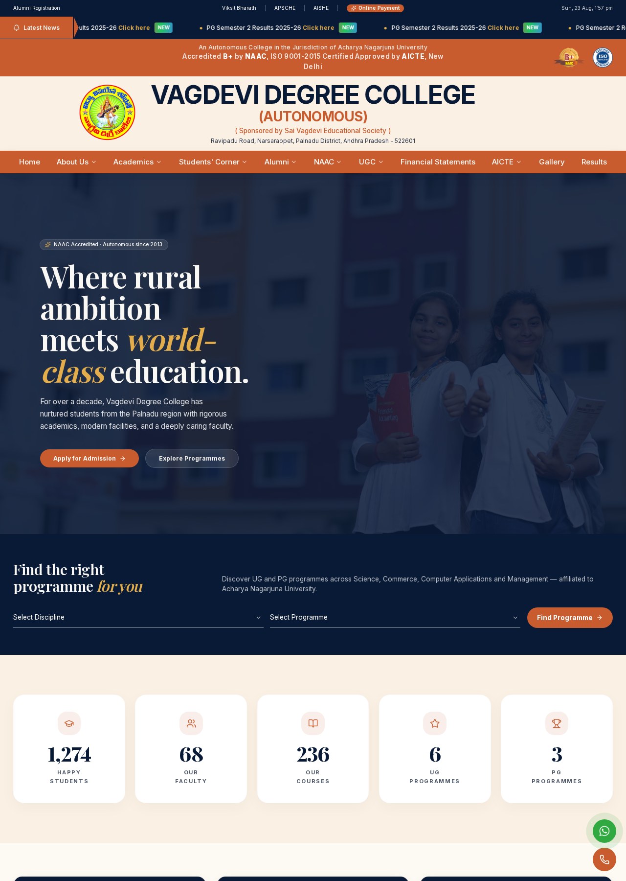 The live Vagdevi Degree College website on desktop