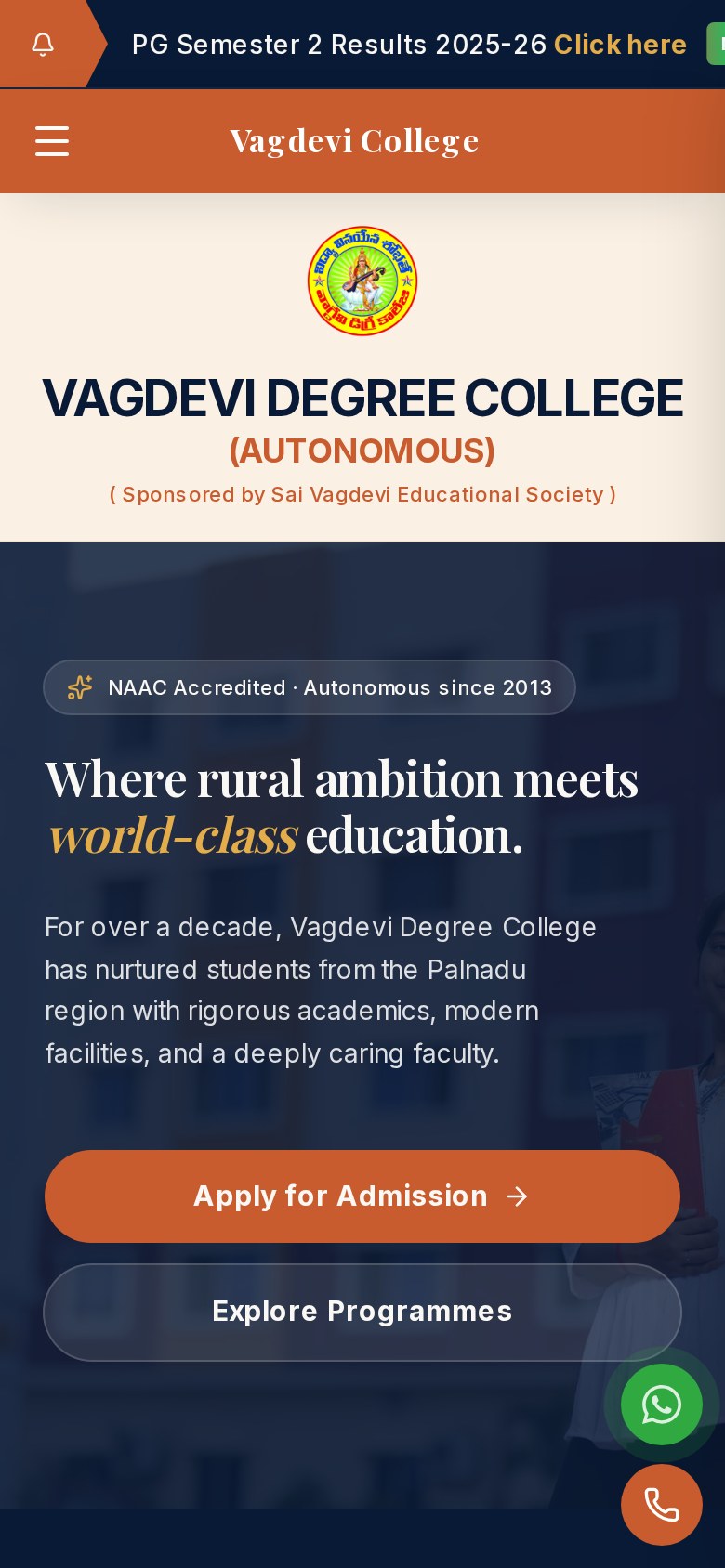 The live Vagdevi Degree College website on mobile