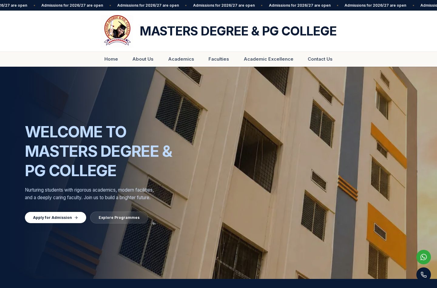 The live Masters Degree & PG College website on desktop