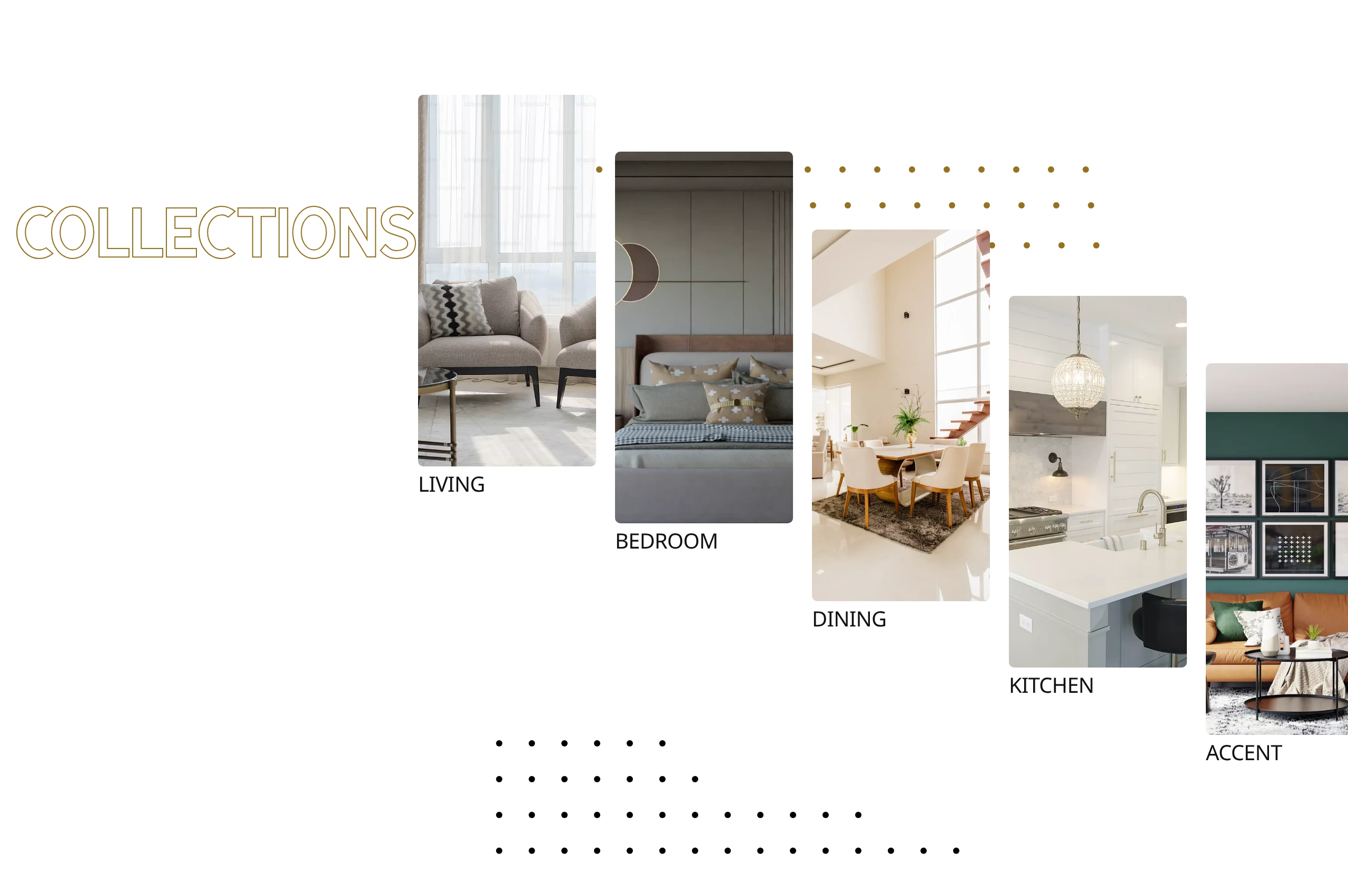 Livio’s actual Collections section, presenting room categories in a spacious image-led website layout