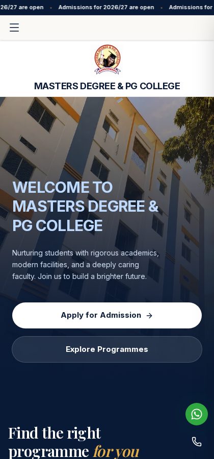The live Masters Degree & PG College website on mobile