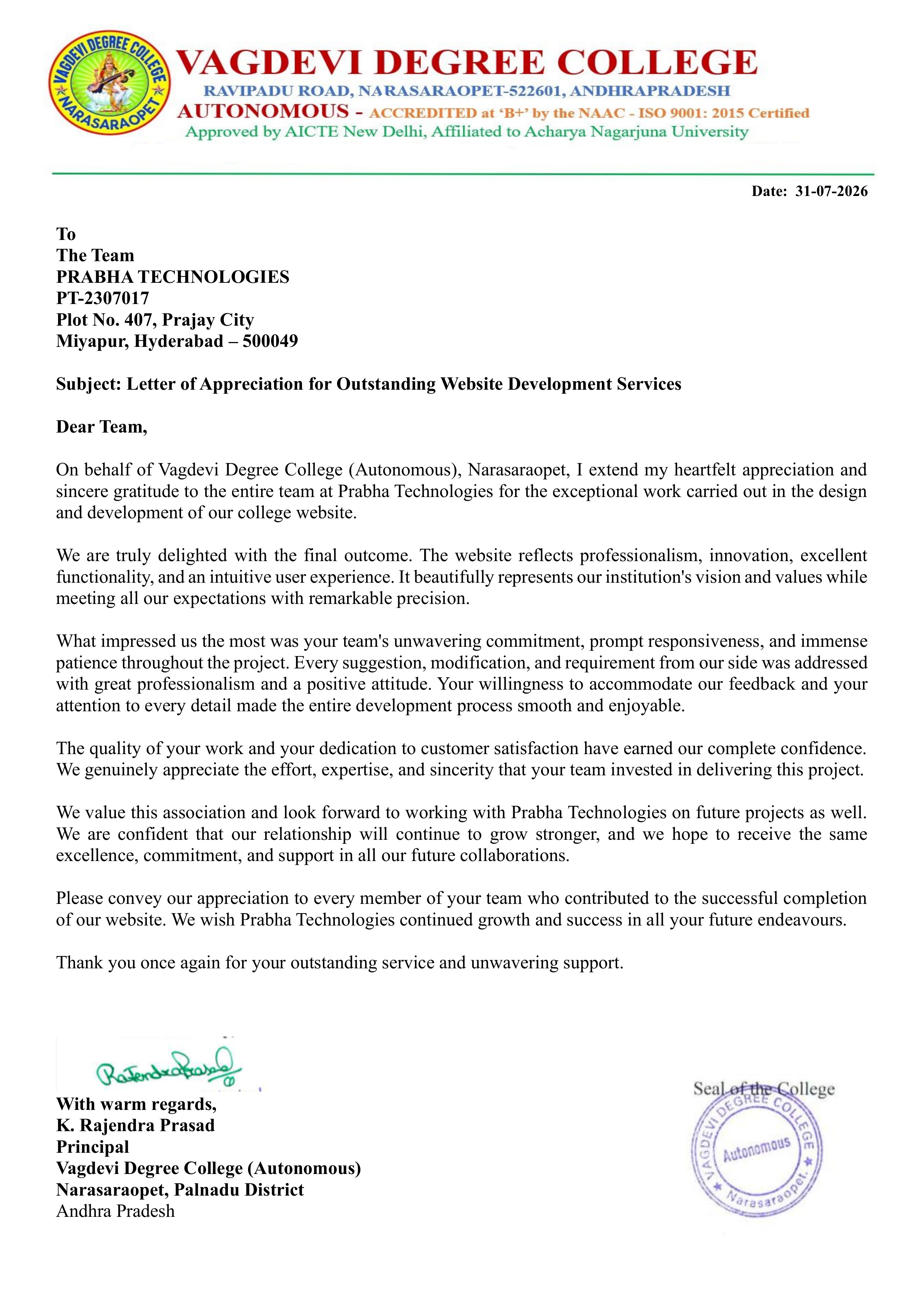 Appreciation letter from Vagdevi Degree College to Prabha Technologies